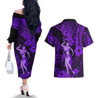 Hawaii Hula Girl Couples Matching Off The Shoulder Long Sleeve Dress and Hawaiian Shirt Hibiscus Hawaii Tribal Tattoo Purple Version LT01 - Polynesian Pride