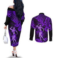 Hawaii Hula Girl Couples Matching Off The Shoulder Long Sleeve Dress and Long Sleeve Button Shirts Hibiscus Hawaii Tribal Tattoo Purple Version LT01 - Polynesian Pride
