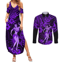 Hawaii Hula Girl Couples Matching Summer Maxi Dress and Long Sleeve Button Shirts Hibiscus Hawaii Tribal Tattoo Purple Version LT01 Purple - Polynesian Pride