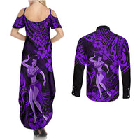 Hawaii Hula Girl Couples Matching Summer Maxi Dress and Long Sleeve Button Shirts Hibiscus Hawaii Tribal Tattoo Purple Version LT01 - Polynesian Pride