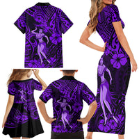 Hawaii Hula Girl Family Matching Short Sleeve Bodycon Dress and Hawaiian Shirt Hibiscus Hawaii Tribal Tattoo Purple Version LT01 - Polynesian Pride