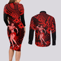 Hawaii Hula Girl Couples Matching Long Sleeve Bodycon Dress and Long Sleeve Button Shirts Hibiscus Hawaii Tribal Tattoo Red Version LT01 - Polynesian Pride