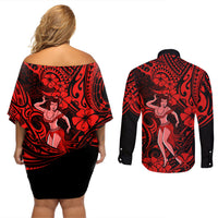Hawaii Hula Girl Couples Matching Off Shoulder Short Dress and Long Sleeve Button Shirts Hibiscus Hawaii Tribal Tattoo Red Version LT01 - Polynesian Pride