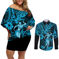 Hawaii Hula Girl Couples Matching Off Shoulder Short Dress and Long Sleeve Button Shirts Hibiscus Hawaii Tribal Tattoo Sky Blue Version LT01 Blue - Polynesian Pride