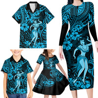 Hawaii Hula Girl Family Matching Long Sleeve Bodycon Dress and Hawaiian Shirt Hibiscus Hawaii Tribal Tattoo Sky Blue Version LT01 - Polynesian Pride