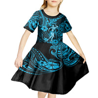 Hawaii Hula Girl Kid Short Sleeve Dress Hibiscus Hawaii Tribal Tattoo Sky Blue Version LT01 - Polynesian Pride