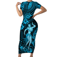 Hawaii Hula Girl Short Sleeve Bodycon Dress Hibiscus Hawaii Tribal Tattoo Sky Blue Version LT01 Long Dress Blue - Polynesian Pride
