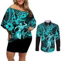 Hawaii Hula Girl Couples Matching Off Shoulder Short Dress and Long Sleeve Button Shirts Hibiscus Hawaii Tribal Tattoo Turquoise Version LT01 Turquoise - Polynesian Pride