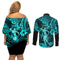 Hawaii Hula Girl Couples Matching Off Shoulder Short Dress and Long Sleeve Button Shirts Hibiscus Hawaii Tribal Tattoo Turquoise Version LT01 - Polynesian Pride