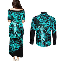 Hawaii Hula Girl Couples Matching Puletasi Dress and Long Sleeve Button Shirts Hibiscus Hawaii Tribal Tattoo Turquoise Version LT01 - Polynesian Pride