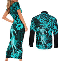Hawaii Hula Girl Couples Matching Short Sleeve Bodycon Dress and Long Sleeve Button Shirts Hibiscus Hawaii Tribal Tattoo Turquoise Version LT01 - Polynesian Pride