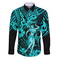 Hawaii Hula Girl Family Matching Off Shoulder Maxi Dress and Hawaiian Shirt Hibiscus Hawaii Tribal Tattoo Turquoise Version LT01 Dad's Shirt - Long Sleeve Turquoise - Polynesian Pride