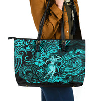 Hawaii Hula Girl Leather Tote Bag Hibiscus Hawaii Tribal Tattoo Turquoise Version LT01 - Polynesian Pride