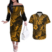 Hawaii Pineapple Couples Matching Off The Shoulder Long Sleeve Dress and Hawaiian Shirt Paradise Flowers Pacific With Gold Polynesian Tribal LT01 Gold - Polynesian Pride