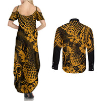 Hawaii Pineapple Couples Matching Summer Maxi Dress and Long Sleeve Button Shirts Paradise Flowers Pacific With Gold Polynesian Tribal LT01 - Polynesian Pride