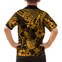 Hawaii Pineapple Family Matching Off Shoulder Maxi Dress and Hawaiian Shirt Paradise Flowers Pacific With Gold Polynesian Tribal LT01 - Polynesian Pride