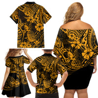 Hawaii Pineapple Family Matching Off Shoulder Short Dress and Hawaiian Shirt Paradise Flowers Pacific With Gold Polynesian Tribal LT01 - Polynesian Pride