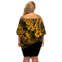 Hawaii Pineapple Family Matching Off Shoulder Short Dress and Hawaiian Shirt Paradise Flowers Pacific With Gold Polynesian Tribal LT01 - Polynesian Pride