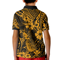 Hawaii Pineapple Kid Polo Shirt Paradise Flowers Pacific With Gold Polynesian Tribal LT01 - Polynesian Pride