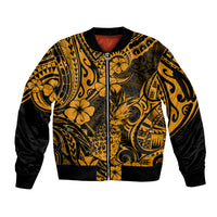 Hawaii Pineapple Sleeve Zip Bomber Jacket Paradise Flowers Pacific With Gold Polynesian Tribal LT01 Unisex Gold - Polynesian Pride