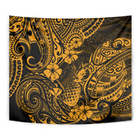 Hawaii Pineapple Tapestry Paradise Flowers Pacific With Gold Polynesian Tribal LT01 - Polynesian Pride