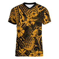 Hawaii Pineapple Women V Neck T Shirt Paradise Flowers Pacific With Gold Polynesian Tribal LT01 Female Gold - Polynesian Pride