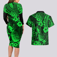 Hawaii Pineapple Couples Matching Long Sleeve Bodycon Dress and Hawaiian Shirt Paradise Flowers Pacific With Green Polynesian Tribal LT01 - Polynesian Pride