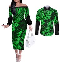 Hawaii Pineapple Couples Matching Off The Shoulder Long Sleeve Dress and Long Sleeve Button Shirts Paradise Flowers Pacific With Green Polynesian Tribal LT01 Green - Polynesian Pride