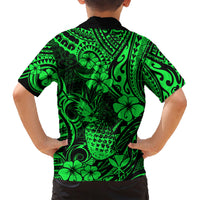 Hawaii Pineapple Family Matching Short Sleeve Bodycon Dress and Hawaiian Shirt Paradise Flowers Pacific With Green Polynesian Tribal LT01 - Polynesian Pride