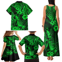 Hawaii Pineapple Family Matching Tank Maxi Dress and Hawaiian Shirt Paradise Flowers Pacific With Green Polynesian Tribal LT01 - Polynesian Pride