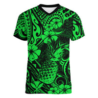 Hawaii Pineapple Women V Neck T Shirt Paradise Flowers Pacific With Green Polynesian Tribal LT01 Female Green - Polynesian Pride