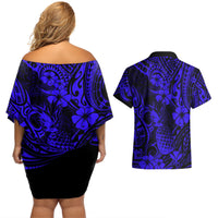 Hawaii Pineapple Couples Matching Off Shoulder Short Dress and Hawaiian Shirt Paradise Flowers Pacific With Navy Blue Polynesian Tribal LT01 - Polynesian Pride