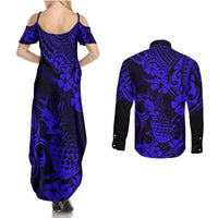 Hawaii Pineapple Couples Matching Summer Maxi Dress and Long Sleeve Button Shirts Paradise Flowers Pacific With Navy Blue Polynesian Tribal LT01 - Polynesian Pride