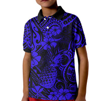 Hawaii Pineapple Kid Polo Shirt Paradise Flowers Pacific With Navy Blue Polynesian Tribal LT01 Kid Blue - Polynesian Pride