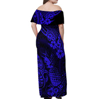 Hawaii Pineapple Off Shoulder Maxi Dress Paradise Flowers Pacific With Navy Blue Polynesian Tribal LT01 - Polynesian Pride