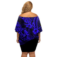Hawaii Pineapple Off Shoulder Short Dress Paradise Flowers Pacific With Navy Blue Polynesian Tribal LT01 - Polynesian Pride
