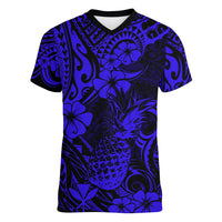 Hawaii Pineapple Women V Neck T Shirt Paradise Flowers Pacific With Navy Blue Polynesian Tribal LT01 Female Blue - Polynesian Pride