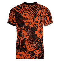 Hawaii Pineapple Women V Neck T Shirt Paradise Flowers Pacific With Orange Polynesian Tribal LT01 - Polynesian Pride