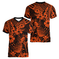 Hawaii Pineapple Women V Neck T Shirt Paradise Flowers Pacific With Orange Polynesian Tribal LT01 - Polynesian Pride