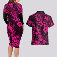 Hawaii Pineapple Couples Matching Long Sleeve Bodycon Dress and Hawaiian Shirt Paradise Flowers Pacific With Pink Polynesian Tribal LT01 - Polynesian Pride