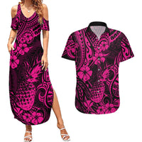 Hawaii Pineapple Couples Matching Summer Maxi Dress and Hawaiian Shirt Paradise Flowers Pacific With Pink Polynesian Tribal LT01 Pink - Polynesian Pride