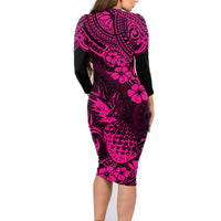 Hawaii Pineapple Family Matching Long Sleeve Bodycon Dress and Hawaiian Shirt Paradise Flowers Pacific With Pink Polynesian Tribal LT01 - Polynesian Pride