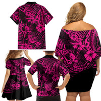 Hawaii Pineapple Family Matching Off Shoulder Short Dress and Hawaiian Shirt Paradise Flowers Pacific With Pink Polynesian Tribal LT01 - Polynesian Pride