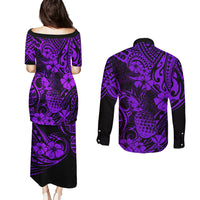 Hawaii Pineapple Couples Matching Puletasi Dress and Long Sleeve Button Shirts Polynesian Pattern Purple Version LT01 - Polynesian Pride