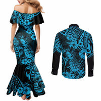 Hawaii Pineapple Couples Matching Mermaid Dress and Long Sleeve Button Shirts Polynesian Pattern Sky Blue Version LT01 - Polynesian Pride
