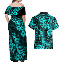 Hawaii Pineapple Couples Matching Off Shoulder Maxi Dress and Hawaiian Shirt Polynesian Pattern Turquoise Version LT01 - Polynesian Pride