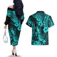 Hawaii Pineapple Couples Matching Off The Shoulder Long Sleeve Dress and Hawaiian Shirt Polynesian Pattern Turquoise Version LT01 - Polynesian Pride