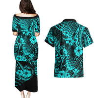 Hawaii Pineapple Couples Matching Puletasi Dress and Hawaiian Shirt Polynesian Pattern Turquoise Version LT01 - Polynesian Pride