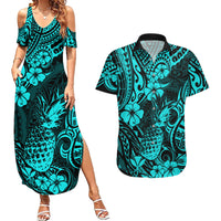 Hawaii Pineapple Couples Matching Summer Maxi Dress and Hawaiian Shirt Polynesian Pattern Turquoise Version LT01 Turquoise - Polynesian Pride