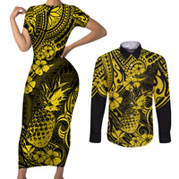 Hawaii Pineapple Couples Matching Short Sleeve Bodycon Dress and Long Sleeve Button Shirts Polynesian Pattern Yellow Version LT01 Yellow - Polynesian Pride